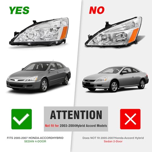 ADCARLIGHTS 2003 2004 2005 2006 2007 Accord Headlight Assembly for 2003-2007 Honda Accord 2/4dr Clear Lens Chrome Housing with Amber Reflector Headlamp Replacement Left and Right Pair（W/O Bulbs）