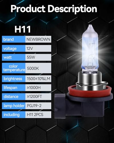 NEWBROWN H11 Headlight Bulb H11 Halogen Headlight Bulb 5000K Super White Light Long Life Replacement PGJ19-2 12V/55W (H11, 2 Pack)