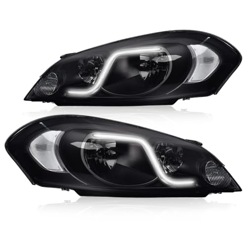 CNNELL LED Headlights Assembly Compatible with Chevy Impala 2006 2007 2008 2009 2010 2011 2012 2013, Compatible with Chevy Impala Limited 2014 2015 2016 2pc(B Smoky lens Black Housing Clear Reflector)