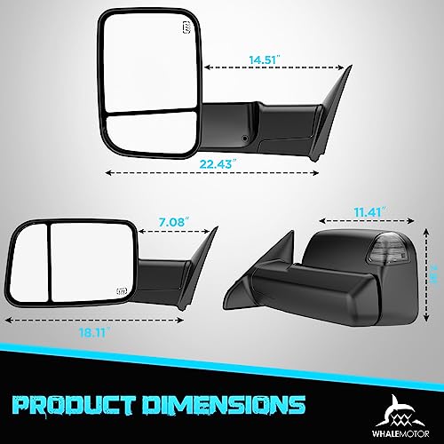 Smoked Power Heated Tow Mirrors Compatible with 2009-2018 Dodge Ram 1500, 2010-2018 2500 3500, 2019-2024 Ram 1500 Classic Flip Up Extended Trailer Towing Side Mirrors with Puddle Light, Black Housing