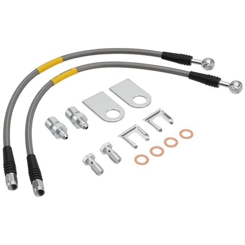 Racewill 2PCS Stainless Steel Brake Lines, Compatible with GM Metric Brake Vehicles, with 10mm Banjo to 3/8"-24 Inverted Flare Female Swivel Adapter and Frame Tabs