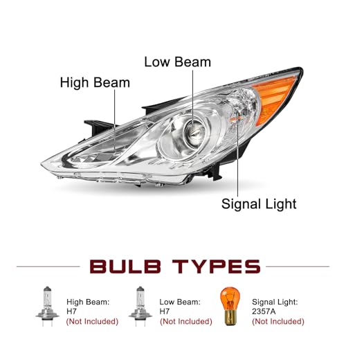 JSBOYAT Headlight Assembly Compatible with 2011-2014 Hyundai Sonata 4 Door Sedan w/Projector Halogen, Not Fit for Hybrid Models, Chrome Housing with Amber Reflector