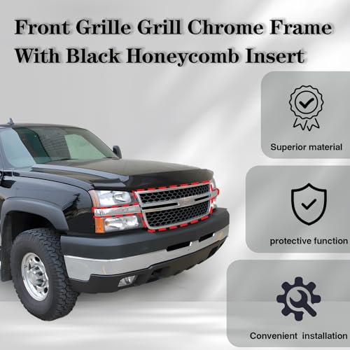JustDrivably Front Grille Grill Chrome Frame Black Honeycomb Insert Compatible With Silverado 2003-2006 1500 HD / 2500 HD / 3500 &2007 1500 HD/2500 HD/ 3500 Classic GM1200546 (W/O Molding Trim)