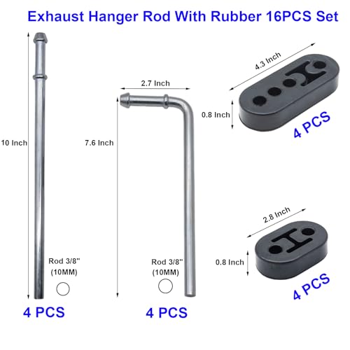 Ganluuree 16PCS Rubber Exhaust Hanger Rod Set Heavy Duty 3/8"(10MM) Rod 90°7.6" Long + Straight 10" Long Muffler Hanger Mild Steel Zinc Coated 2 Hole 4 Hole Insulator Mount Car Automotive Replacement