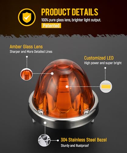 Partsam 2Pcs Amber Glass Lens Watermelon Lights [Patented] LED Side Marker Turn Signal Lights with Stainless Steel Bezel Replacement for Kenworth Peterbilt Freightliner