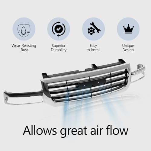 Perfit Liner Front Grille Grill Chrome Shell and Black Insert Compatible with 2003-2007 GMC 2003-2007 Sierra 1500 2500 GM1200475 19130791