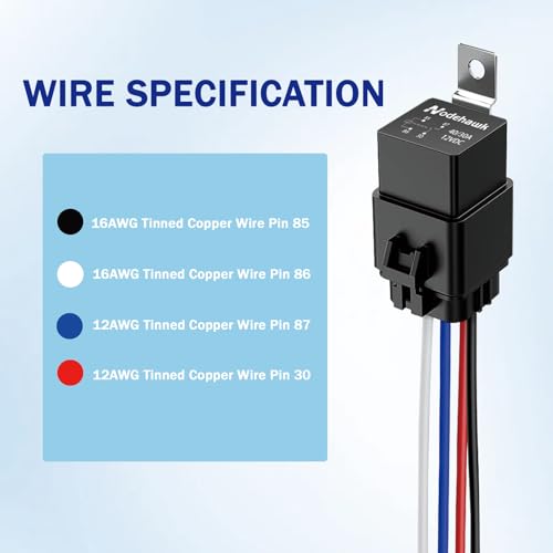 4-PIN Relay 40/30AMP 12V DC Automotive Relays Waterproof Relay with Harness Heavy Duty 12 AWG Tinned Copper Wires, 5 Pack
