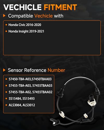 MOTOALL Front ABS Wheel Speed Sensor Compatible with Honda Civic 2016-2020, Insight 2019-2021, Replaces 57450-TBA-A03 - Driver & Passenger Side
