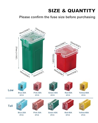 CrocSee 30 PCS Box Shaped Car Fuses Kit (20A, 30A, 40A, 50A, 60A)