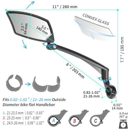 BriskMore Handlebar Bike Mirror - Crystal Clear HD Glass, 360° Adjustable&Foldable Mirror for Safe Riding, Wide Angle Rearview for E-Bikes, Mountain Bikes & Scooters,Bicycle Mirrors,Left Side Mount