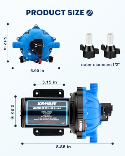 Kohree 12V RV Water Pump 7.5GPM 70PSI Self-Priming 5-Chamber Diaphragm Pump