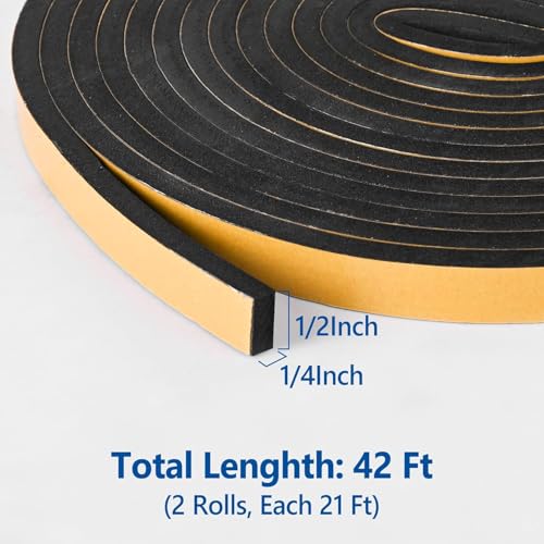 Kikerike Self Adhesive Foam Tape Weatherstrip 1/2In x 1/4In x 42Ft High Density Foam Insulation Strips Seal Weather Stripping with Strong Adhesive for Door and Window Sound Isolation Soundproofing