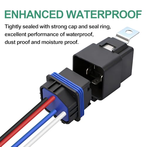 Weasch Waterproof Relay Kit, 12V 40A, 4 Pin SPST, Heavy Duty 14 AWG Tinned Copper Wires Automotive Relay and Harness Set for Automotive Car Marine Boat