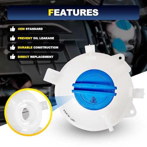 603-253 Front Engine Coolant Radiator Reservoir Recovery Expansion Tank with Cap Compatible with 2006-2019 Audi A3 Q3 TT, 1993-2019 Volkswagen Beetle Eos Golf Passat Jetta Replace# 1K0121407A