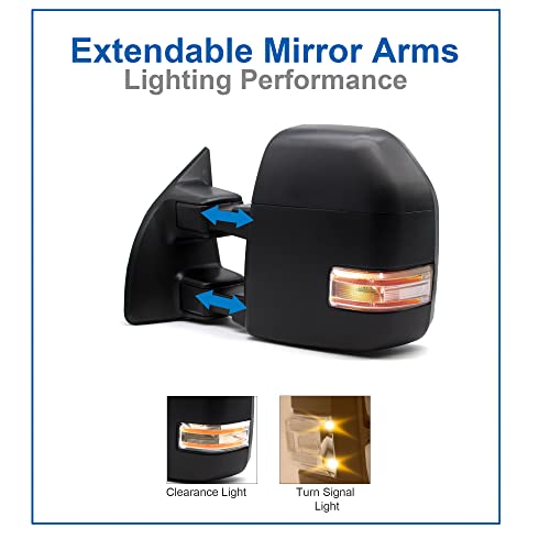 JZSUPER Towing Mirrors fit for 1999 2000 2001 2002 2003 2004 2005 2006 2007 Ford F250 F350 F450 F-550 Super Duty Power Heated Turn Signal Auxiliary Light Black Cap