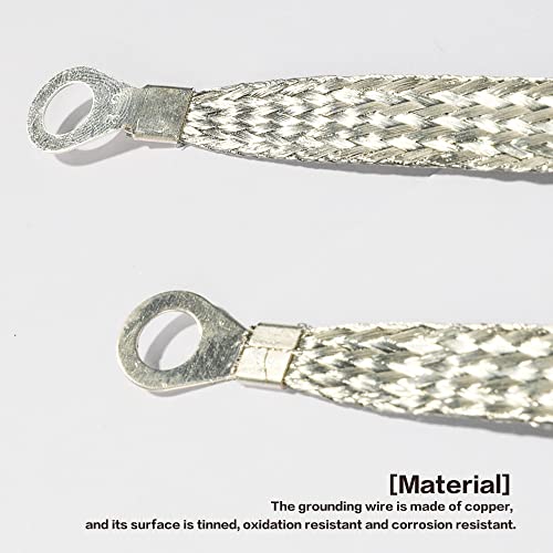 Universal Flat Braided Copper Ground Strap,Professional Vehicle Grounding Cable Straps with Terminals Plugs,Tinplate Silver Color Automotive Engine Copper Ground Strap for Most Cars