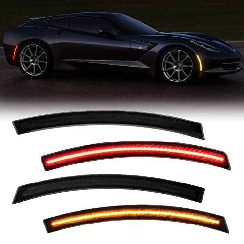R&F Auto 4PCS Smoked Lens LED Front Rear Side Marker Lights Compatible with Corvette C7 (2014-2019) /Grand Sport/Stingray/Z06 /ZR1 Amber Red LED Sidemarker Lamps Bumper Turn Signal Lights