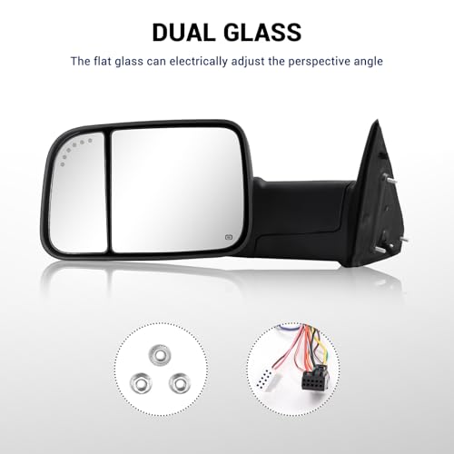 Towing Mirror for Dodge Ram - Replacement fit for 2009-2018 Dodge Ram 1500 2500 3500 Pickup Truck with Power Adjusted Glass Heated LED Turn Signal Light Puddle Lamp Temp Sensor Flip Up Pair Set