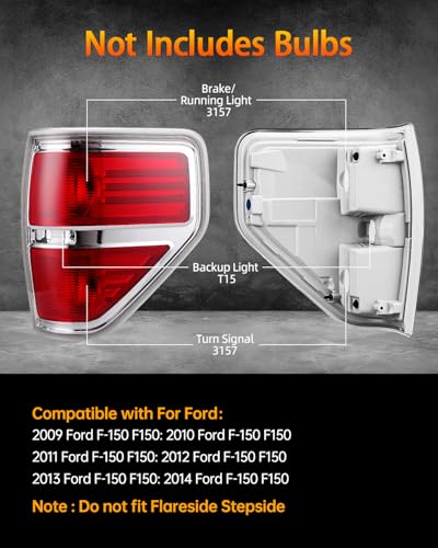 OKLPF Rear Brake Tail Lights Compatible With 2009 2010 2011 2012 2013 2014 Ford F150 F-150,Replace Silver Taillights Assembly Red Chrome Tail Lights,Not Included Bulbs,Driver and Passenger Side