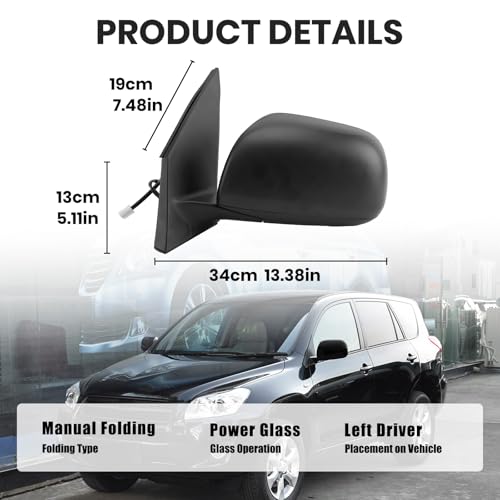 Left Driver Side Mirror Compatible with Toyota RAV4 2009 2010 2011 2012 Power Manual Folding Non-Heated US Built Door Mirrors (3 Pins)