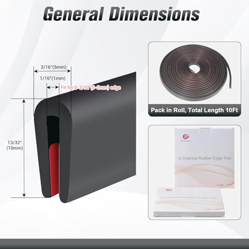 Edge Trim, 1/16" Rubber Edge Trim, Flexible Self Adhesive U Channel Edge Guards, Edge Protector for Sharp Edge, Sheet Metal and Car Doors, Peel and Stick Auto Door Guard, Black Color, 10Ft