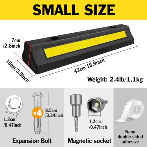 YesBes 2 Pack Garage Parking Aid, 16.9'' Parking Stopper for Garage, Car Truck Curb Floor Parking Lot Wheel Tire Stops Bumpers with Reflective Yellow, Parking Gadgets Protects Garage Walls and Car