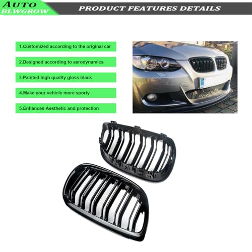 BLWGROW Front Kidney Grille Glossy Black Compatible with 2006-2009 3 Series E92 & E93 Double Slats Grill Gloss Black