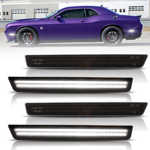 OFFKAT Front & Rear Fender [Ultra-Bright] 2-Row Full LED Side Marker Lights for Dodge Challenger 2015-2023, Smoked Lens White LED Side marker Lamps, Replace OEM#: 68195788AB, 68195797AB, 4 PCS