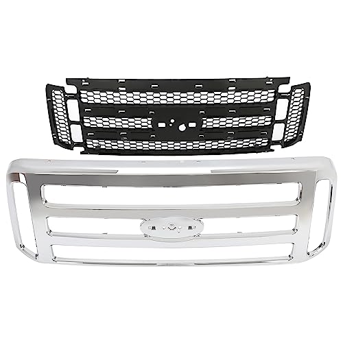 ECOTRIC Front Grille Compatible with Ford 1999-2004 F250 F350 Super Duty 2000-2004 Excursion New Grille Chrome Mesh Style