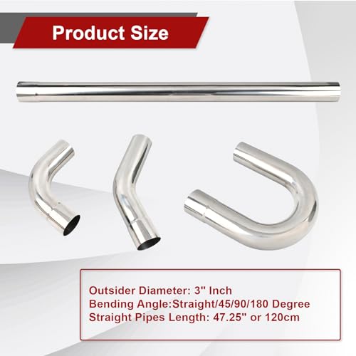 BIGREAT 3'' Inch DIY Custom Mandrel Exhaust Pipe Tube Pipe Industry Pipe,48'' Straight Pipe,3'' OD Straight & Mandrel Bend Pipe(45/90/180 Degree) Kit,T304 Stainless Steel,Universal Fitment-8PCS