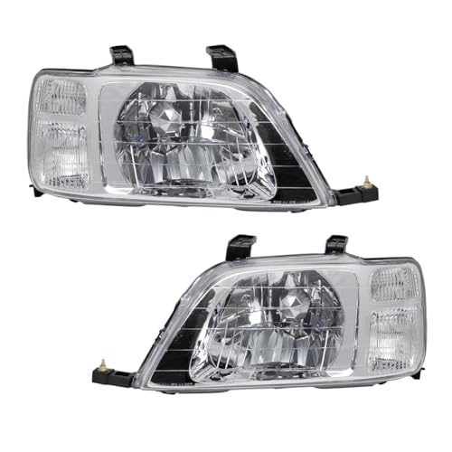 TRQ 2 Piece Headlight Assembly Set Chrome Bezel Driver & Passenger Side Halogen for Honda CR-V 1997-2001 33101S10A01 33151S10A01
