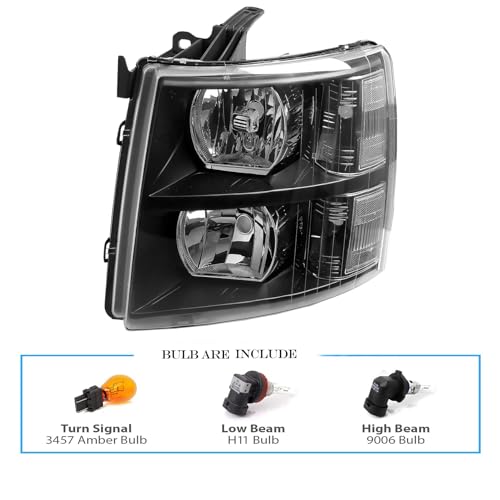 APSVE Headlights Assembly w/Bulb & Wiring Harness for 2007-2013 Chevy Silverado 1500, 07-14 Silverado 2500HD 3500HD Replacement Headlamp Assembly, Black Housing Clear Side