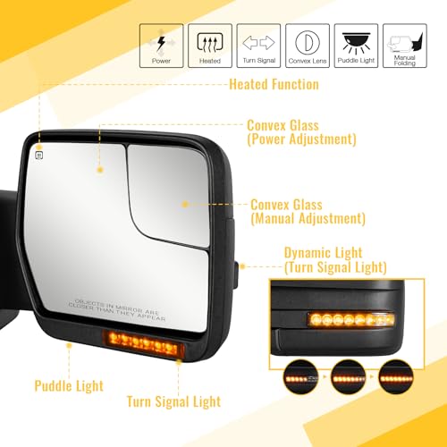 Side Mirrors Ford F150 2004-2014 Towing Mirror with Dynamic Turn Signal Light Power Glass Puddle Lamp Heated Manual Folding Pair Set, Black