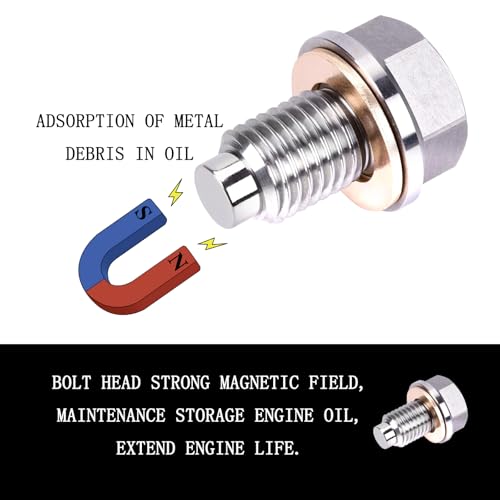 M14x1.5 Magnetic Oil Drain Plug, Magnetic Stainless Steel Oil Pan Drain Nut Bolt with 5PCS Copper Crush Washer Anti Leakage, Universal Leak-proof Replacement,Fits Most Cars,Motorcycles,Boats