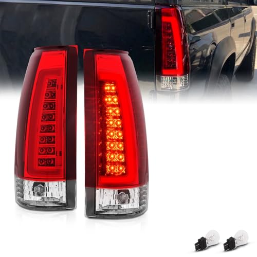 AmeriLite for 1988-1999 Chevy GMC C/K Pickup Vehicle Full Size Tahoe Suburban Crystal Red Replacement C-Type LED Tube Tail Lights Assembly Set - Passenger and Driver Side