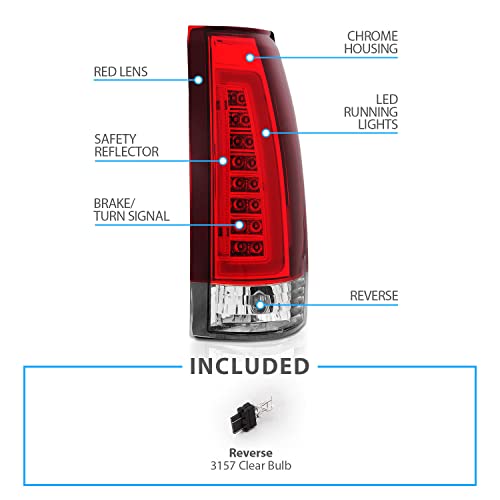 AmeriLite for 1988-1999 Chevy GMC C/K Pickup Vehicle Full Size Tahoe Suburban Crystal Red Replacement C-Type LED Tube Tail Lights Assembly Set - Passenger and Driver Side