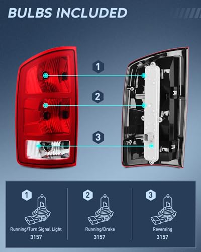 Nilight Taillight Assembly Compatible with 2002 2003 2004 2005 2006 Dodge Ram 1500 2500 3500 Rear Lamp Replacement OE Style Driver Side