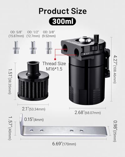 EVIL ENERGY Oil Catch Can, Universal Baffled Catch Can Kit with Breather Filter, 300ml Aluminum Air Oil Separator Tank NBR Fuel Hose Kits for PCV System