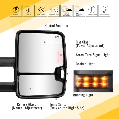 Towing Mirrors Compatible with 2014 2015 2016 2017 2018 Chevy Silverado GMC Sierra 1500 2500 HD 3500 HD with Power Glass LED Arrow Turn Signal Backup Lamp Running Light Heated Extendable Pair Set