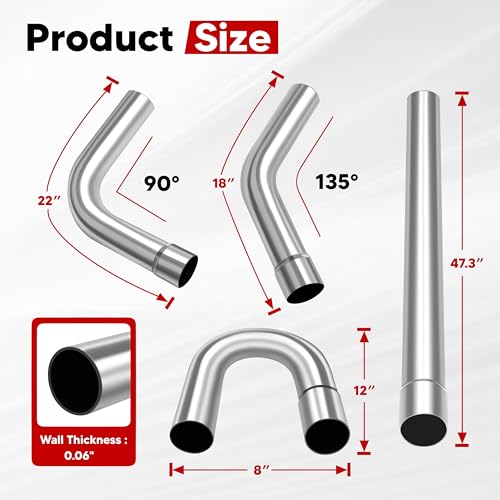 VONLX 8pcs 2.5-Inch Mild Steel Exhaust Pipe Kit, 16-Gauge Piping Walls, Custom Exhaust Pipe Kit Sets Tubing Mandrel Bend Pipe Straight & U-Bend, Universal Fit