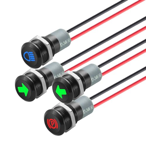 TIANWIDJEW 12V LED Indicator Small Light Waterproof, 1/2"(12mm) Panel Cutout 12V 24V Metal LED Indicator with 22AWG 150MM Wire - High Beam, Single Arrow Left/Right, Parking Indicat-or, 4PCS