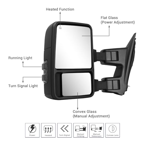 Tow Mirrors Compatible With 1999-2016 Ford F250 F350 F450 F550 Super Duty Truck Power Heated Manual telescoping&folding Pair LED Turn Signal Smoke