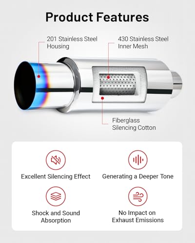 EVIL ENERGY 2.5" Exhaust Muffler, 2.5" Inlet (OD) 4" Outlet Stainless Steel Universal Straight Through N1 Style Burnt Exhaust Tip, Deep Tone for Modern Trucks, Muscle Cars & Daily Drivers