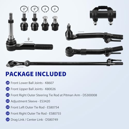 4WD Front Steering Suspension Kit for 2005-2016 Ford F-250 F-350Super Duty, 4 Lower and Upper Ball Joints 2 Outer Tie Rods 1 Adjustment Sleeve 1 Drag Link 1 Outer Steering Tie Rod -9pcs