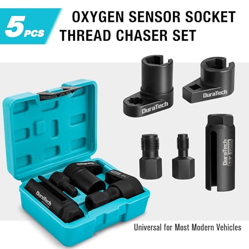 DURATECH 5PCS O2 Oxygen Sensor Socket Thread Chaser Set, 3/8" 1/2" Drive x 7/8" 22mm Oxygen Sensor Remover O2 Sensor Removal Tool Kit
