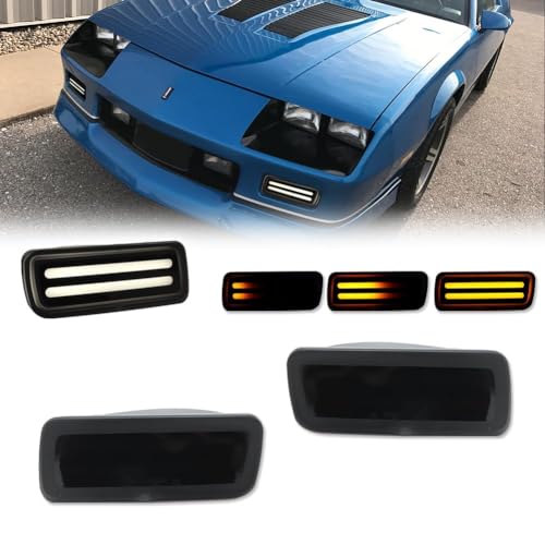 GTINTHEBOX for 1985 1986 1987 1988 1989 1990 1991 1992 Chevy Camaro Front Bumper Turn Signal Daytime Running Light Smoked Lens Switchback White & Amber LED Lamp