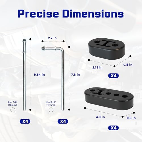 VOURTM 16PCS Rubber Exhaust Hanger Kit with 2 Hole & 4 Hole, Heavy Duty Exhaust Insulator Mounts, 0.47" Hole Diameter, 90° 7.6" & Straight 10" Muffler Hanger Rod Set for Automotive Replacement