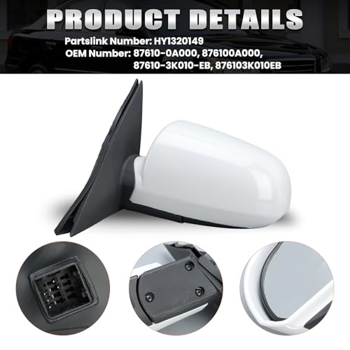 Left Driver Side Mirror Compatible with Hyundai Sonata 2006 2007 2008 2009 2010 Power Glass Manual Folding Heated White (5 Pin) Replace HY1320149 | 87610-0A000