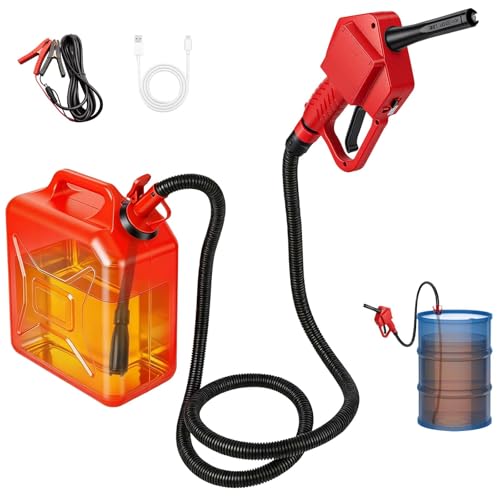 Portable Fuel Transfer Pump with Auto-Stop & Hand Nozzle, 80'' Pumping lift,fit different gas barrel sizes and depths, no adapters needed,3.8GPM, mulitiple power supply,for Gasoline, Diesel, Kerosene