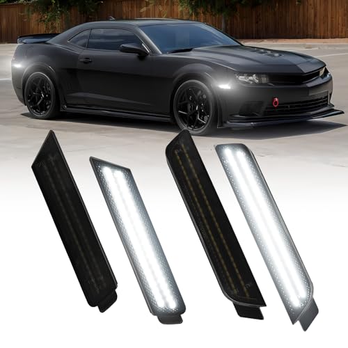 AUTOONE LED Side Marker Lights White Compatible With 5th Gen Chevrolet Camaro 2010-2015, Front & Rear Fender Side Markers, Smoked Lens Driver & Passenger Side Bumper Lights, Pack of 4